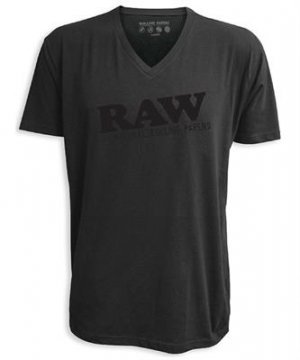 Black v-neck t-shirt with black RAW logo